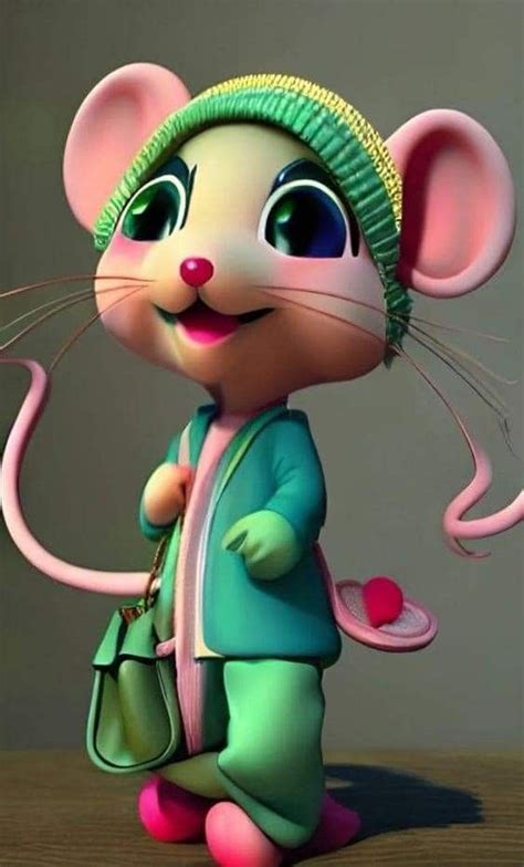 A Cartoon Mouse Wearing A Green Hat And Carrying A Bag With Pink