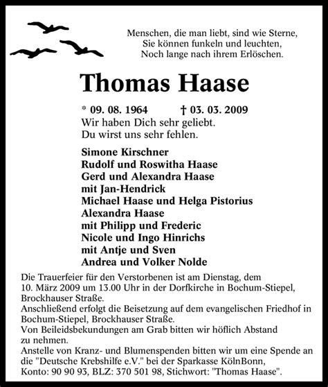 Traueranzeigen Von Thomas Haase Trauer In Nrw De