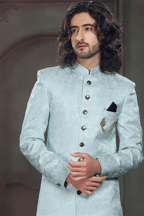 Woven Imported Silk Velvet Sherwani In Sky Blue Ucchal Fashion