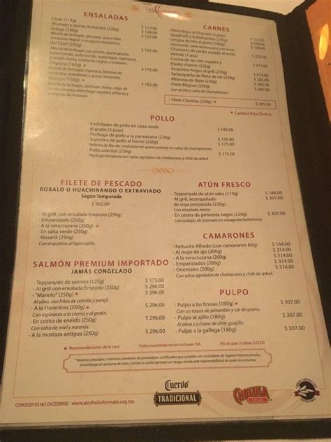 Carta Del Restaurante Los Canarios Santa Fe Ciudad Del M Xico C