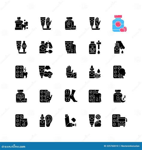 Medical Treatment Black Glyph Icons Set On White Space Stock Vector