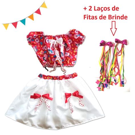 Vestido Festa Junina Luxo Cropped Saia Miss Caipira 2 Laços