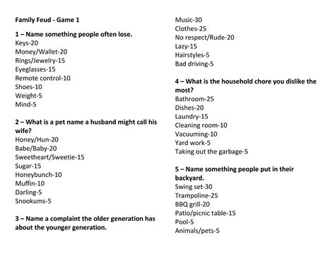 Family Feud Questions Printable Pdf