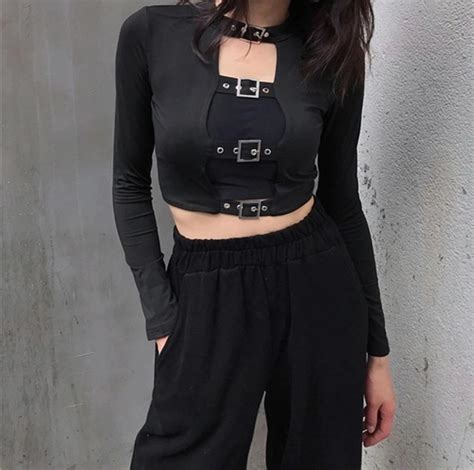 Buckle Long Sleeve Sexy Crop Top Style Goth E Girl Emo Etsy