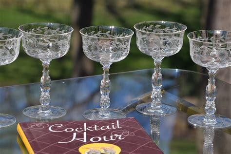 Vintage Etched Cocktail Martini Glasses Set Of 6 Fostoria Circa 1940s Mixologist Craft