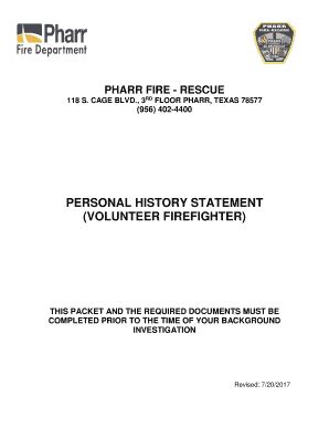 Fillable Online PERSONAL HISTORY STATEMENT VOLUNTEER FIREFIGHTER Fax