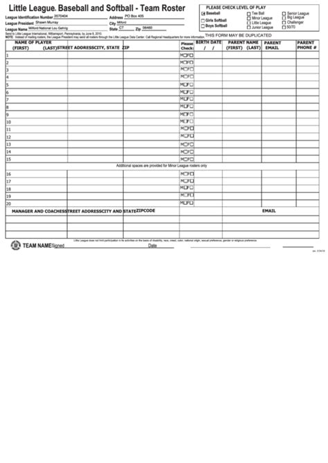 Printable Softball Roster Forms Printable Forms Free Online