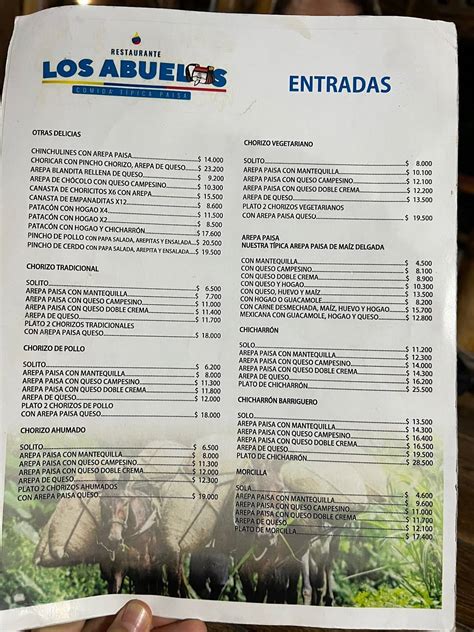 Carta De Restaurante Los Abuelos Villeta