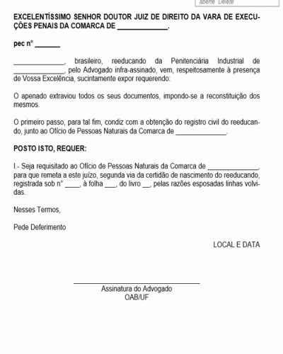 Refer Ncia Para Peti O Pedido Nova Certid O De Nascimento Preso