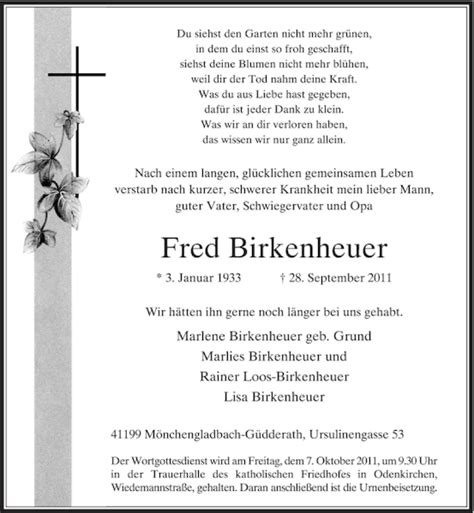 Alle Traueranzeigen F R Fred Birkenheuer Trauer Rp Online De