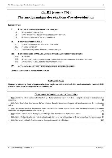 Cours Thermodynamique des réactions d oxydo réduction en solution