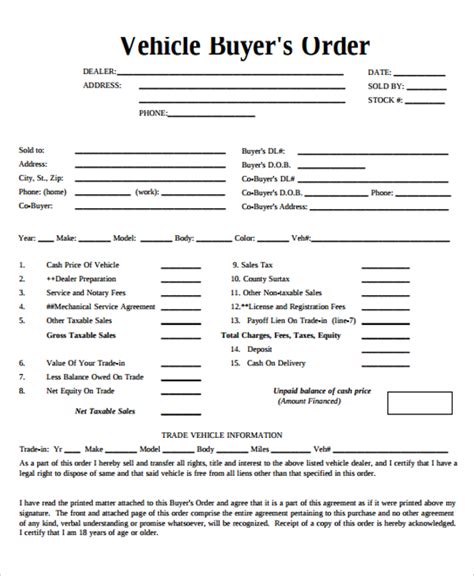 Used Car Purchase Order Template