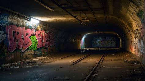 Premium Photo Abandoned Railway Tunnel Filled With Graffiti