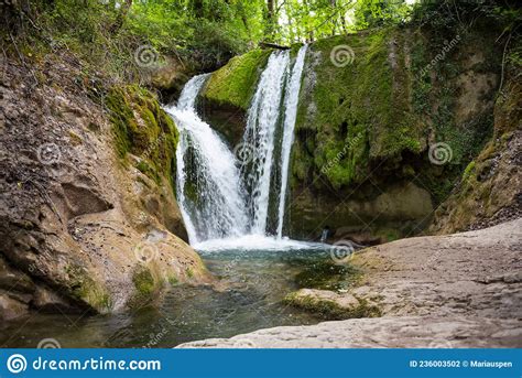 Beautiful Waterfall In Green Forest Among Trees Stock Photo Image Of