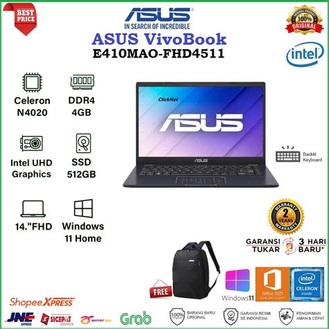 Jual ASUS VivoBook E410MAO FHD4511 N4020 4GB 512GB SSD FHD WIN11 OHS