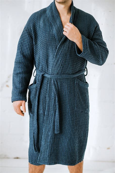 Men S Linen Waffle Robe With Pockets Unisex Linen Waffle Bath Robe