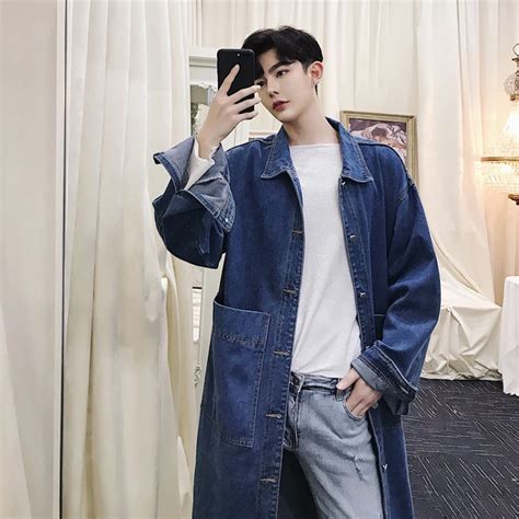 2018 Fall Designer Long Denim Trench Coat Mens Loose Wash Knee Length Outerwear M Xl In