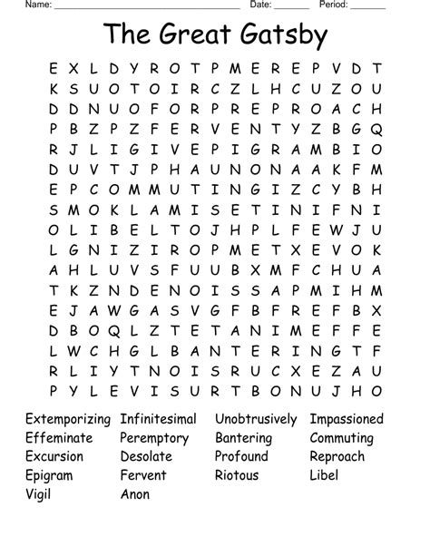 The Great Gatsby Word Search WordMint