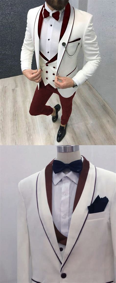 Classyby Cb5078 Ivory Wedding Tuxedos With Burgundy Lapel Groom Suits