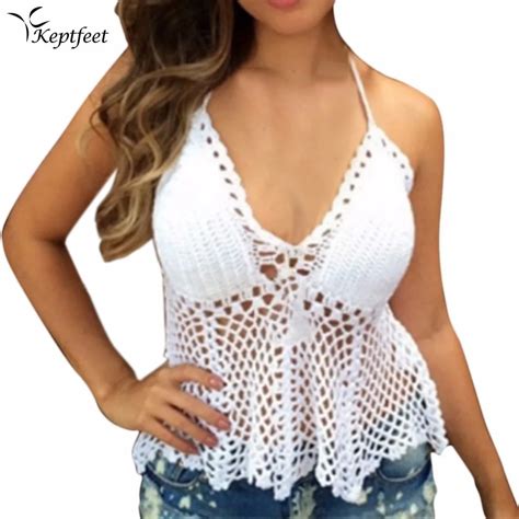 V Neck Halter Crochet Sexy Swimwear Bikini Top Female Knitted Hollow