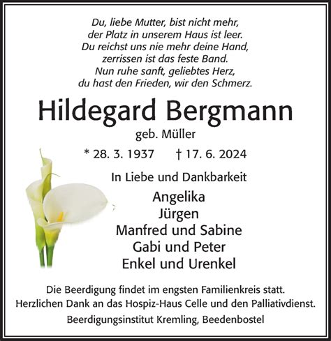 Traueranzeigen Von Hildegard Bergmann Trauerportal Der Celleschen Zeitung