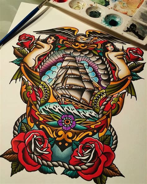 13 Awesome Traditional Ship Tattoo Flash Image HD