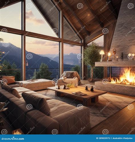 Luxury Wooden Chalet with Fireplace. Interior Design of Modern Living ...