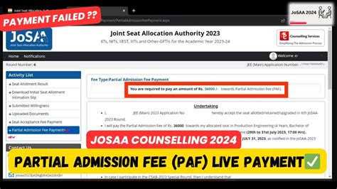 Partial Admission Fee JOSAA Live Payment Proof Rs 45 000 PAF JOSAA