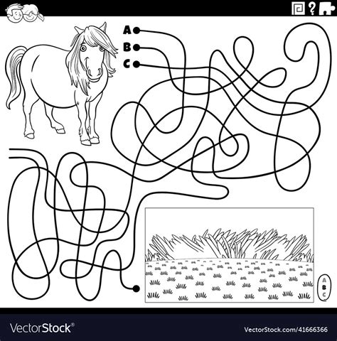 Maze With Cartoon Horse And Pasture Coloring Book Vector Image