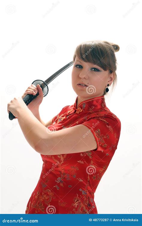 Asian Girl In A Red Dress With A Katana Stock Image Image Of Brunette