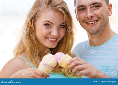 Man And Woman Eating Ice Cream On Beach Stock Image Image Of Happy