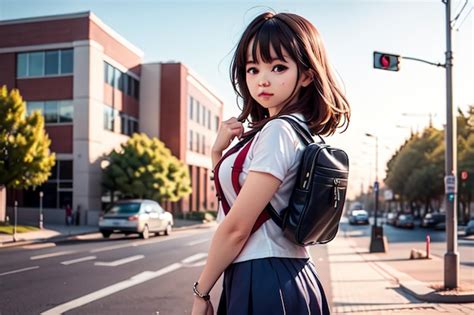 Une Fille En Uniforme Scolaire Se Tient Dans La Rue Devant Un Feu Rouge