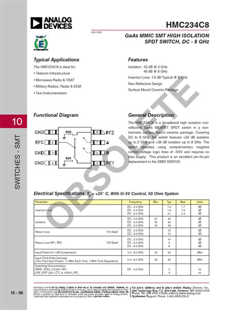 Hmc C Datasheet Gaas Mmic Smt High Isolation Spdt Switch