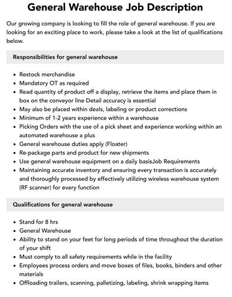 General Warehouse Job Description Velvet Jobs