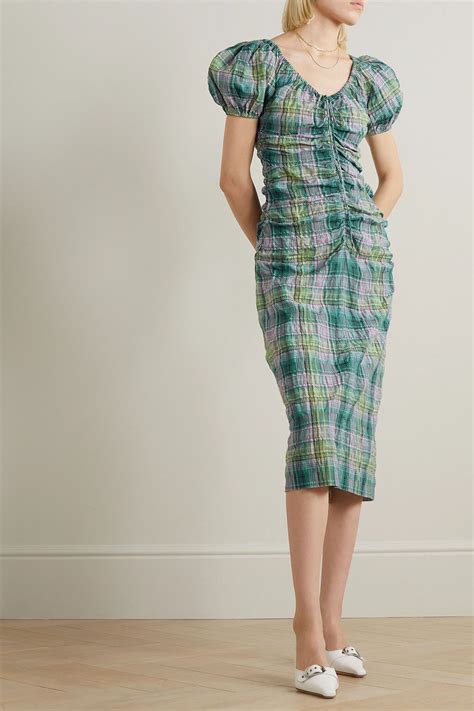 Ganni Ruched Checked Cotton Blend Seersucker Midi Dress The Outnet