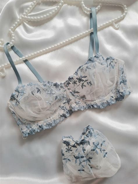 Blue Floral Lingerie Set Sheer Bra Transparent Underwear Etsy