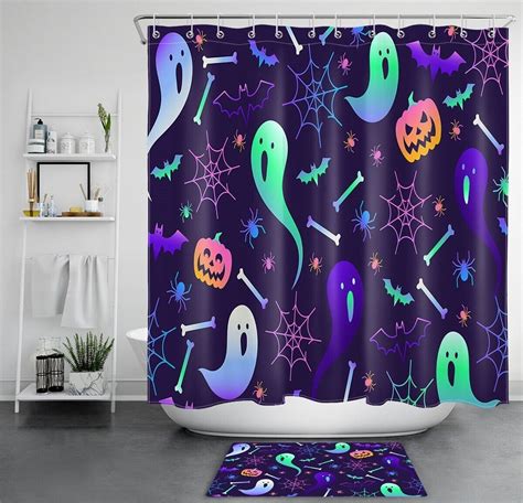 Creepy Crawly Halloween Shower Curtain Set With Pumpkins And Spiders