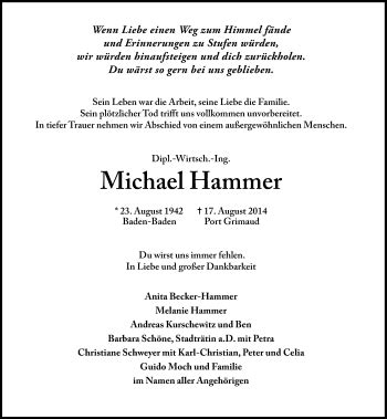 Traueranzeigen Von Michael Hammer Sz Gedenken De