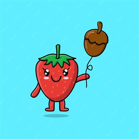 Premium Vector Cute Cartoon Strawberry Floating With Acorn Balloon