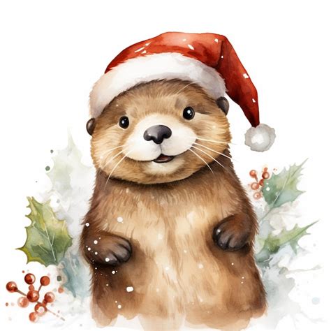 Hay Una Pintura En Acuarela De Una Nutria Con Un Gorro De Pap Noel