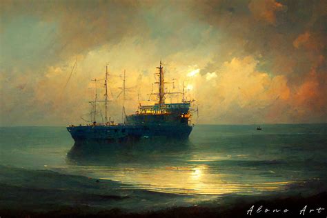 Ship in Ocean Evening Sky View Painting Graphic by Alone Art · Creative ...