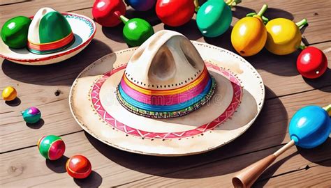 Maracas Y Sombrero En Tablas De Madera Para Cinco De Mayo Ai Generativo Stock De Ilustración