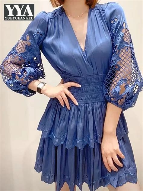 Sexy Deep V Neck Women Dress Embroidery Hollow Out Lantern Sleeve