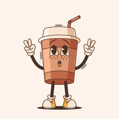 Cartoon Retro Coffee Drink Groovy Character Showing Peace Gestures