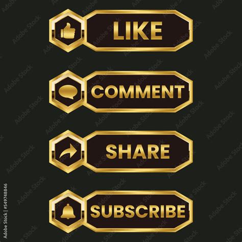 Golden Like Comment Share And Subscribe Icon Button Vector Set Stock Vector Adobe Stock