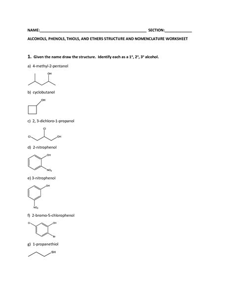 SOLUTION: Alcohol phenols thiols ethers structure and naming worksheet ...