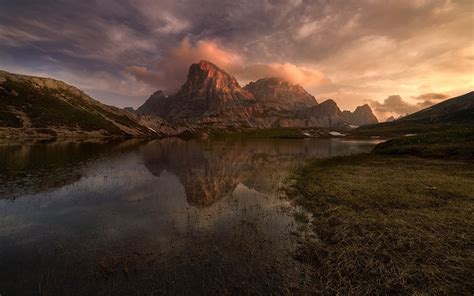 1300x812 / sunset summer dolomites mountains lake nature landscape ...