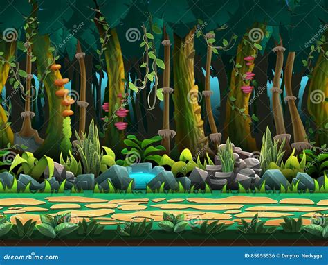 Seamless Cartoon Jungle Landscape Vector Unending Background With