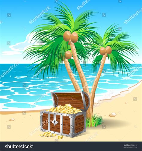 Pirate S Treasure Chest On A Tropical Beach With Palm Trees Stock