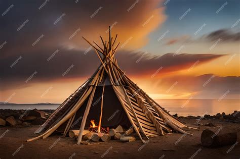 Premium AI Image | A tent on a beach with a sunset in the background